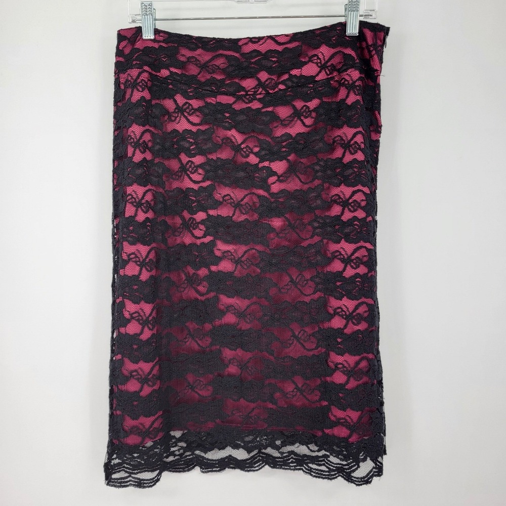 Pink Black Floral Lace Pencil Skirt Womens 12 Midi Whimsigoth Witchy  Gothic Y2K